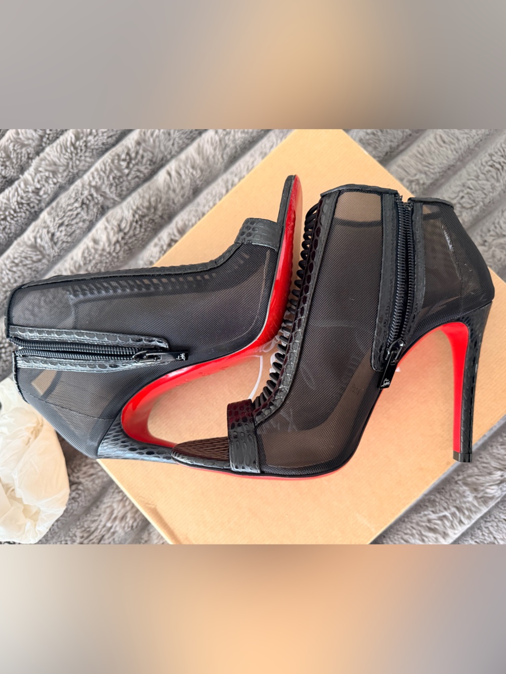 Brand New***Christian Louboutin Black Mesh Peep-Toe Stiletto Heels with Red Sole